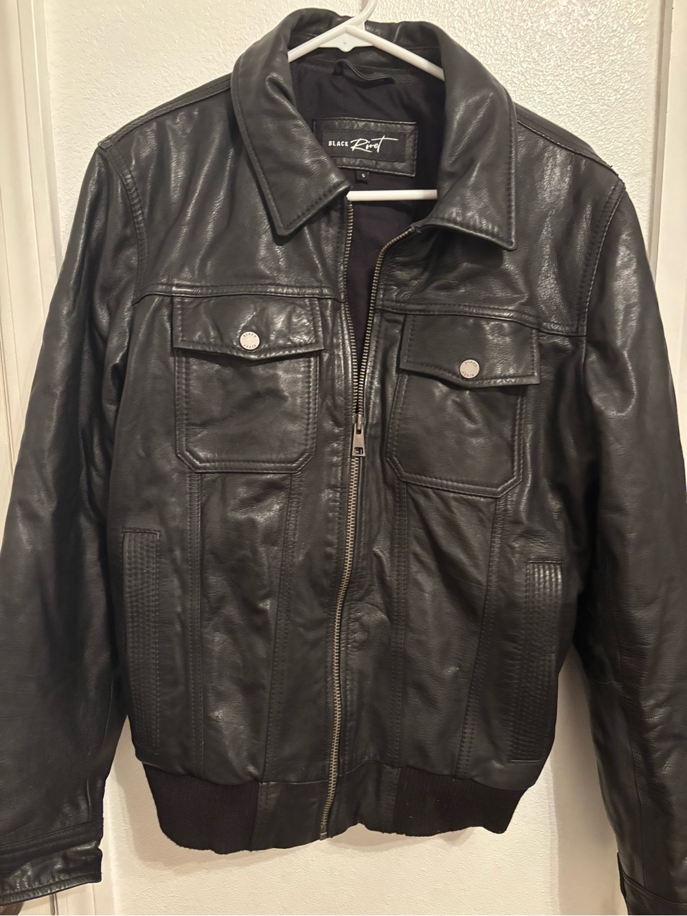 Black Rivet Black Leather Bomber Jacket with Chest Flap Pockets S